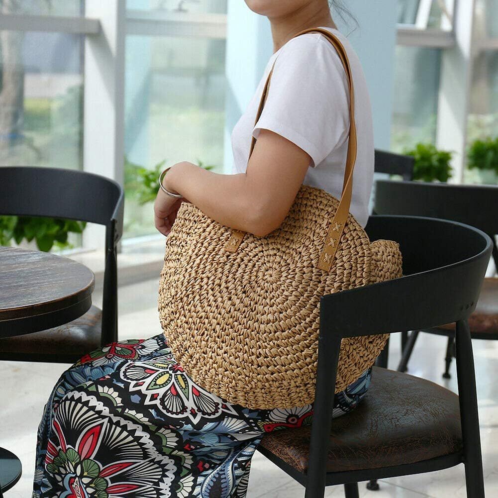 YXQSED Round Woven Bag - Summer Beach Bags Straw Handwoven Singleshoulder with Zipper,Leather Han... | Amazon (UK)