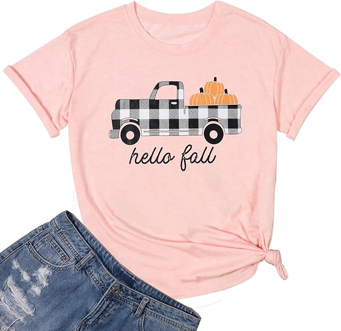 Hello Fall T Shirt Womens Pumpkin Buffalo Plaid Truck Graphic Tee Tops Halloween Short Sleeve Cas... | Amazon (US)