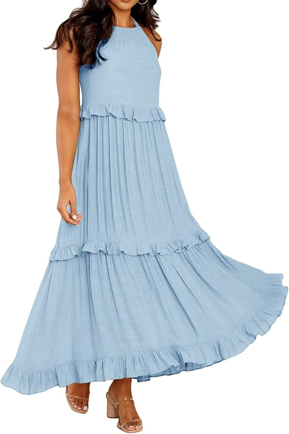 R.Vivimos Womens Summer Dress Cotton Sleeveless Halter Layered Ruffles Casual Boho Flowy Maxi Dre... | Amazon (US)
