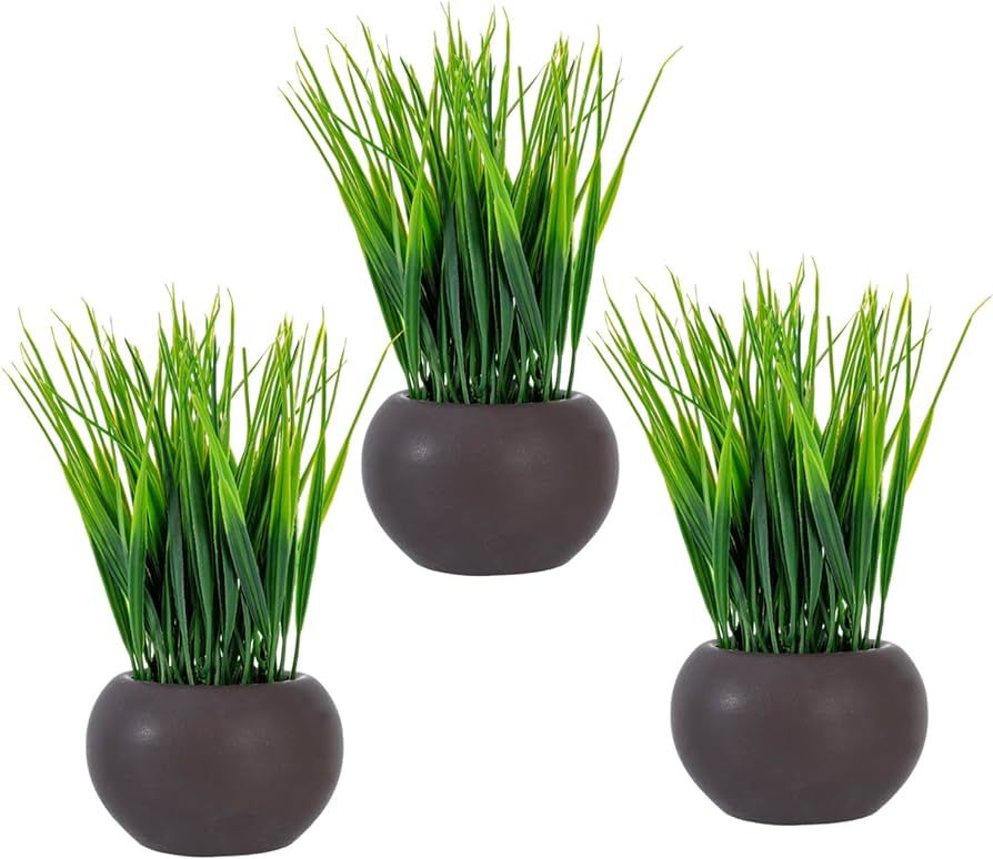 MyGift Mini Artificial Grass Plants in Small Round Brown Ceramic Pots, Tabletop Faux Plant Decor,... | Amazon (US)