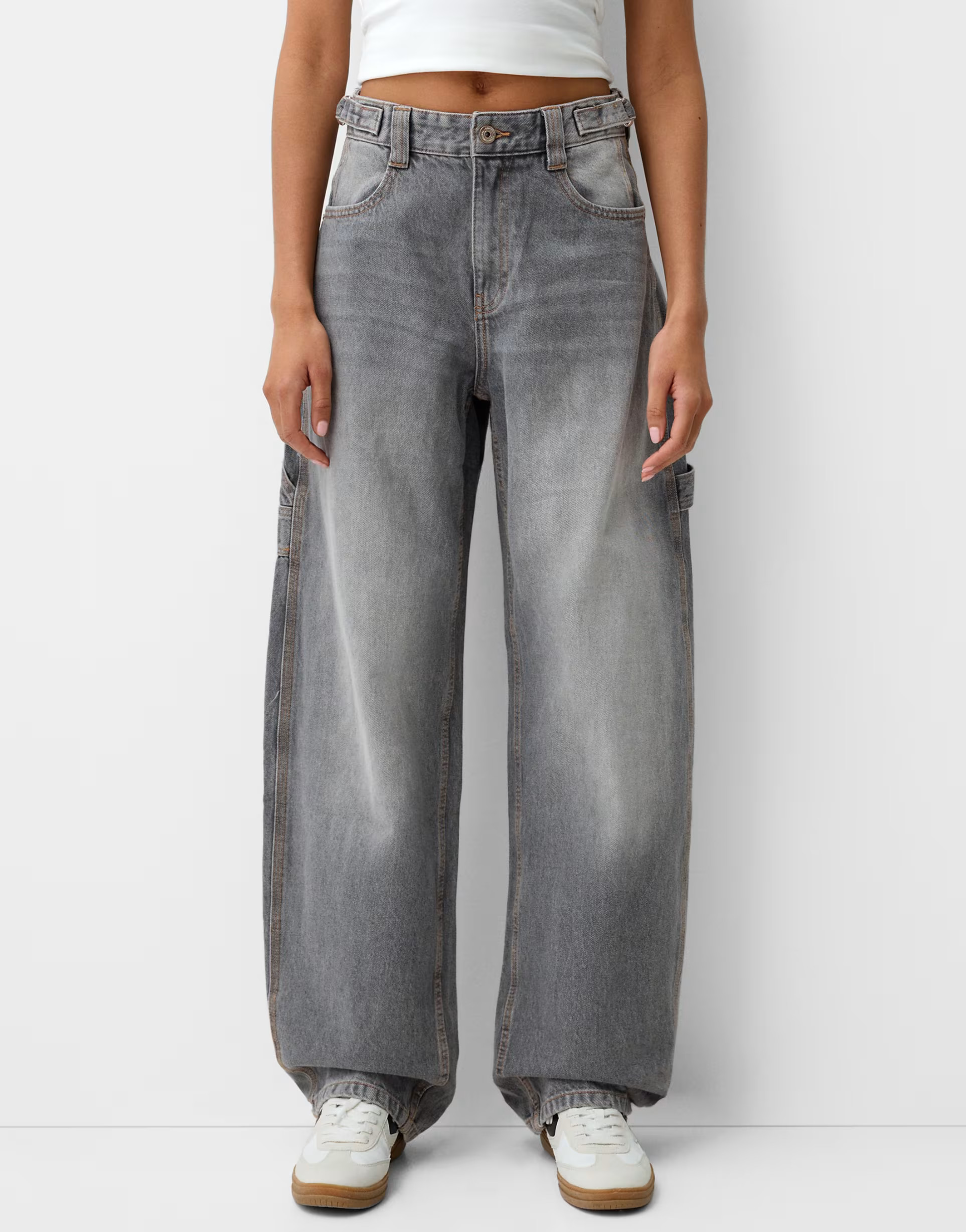 Bershka adjustable balloon fit carpenter jeans in light grey | ASOS (Global)