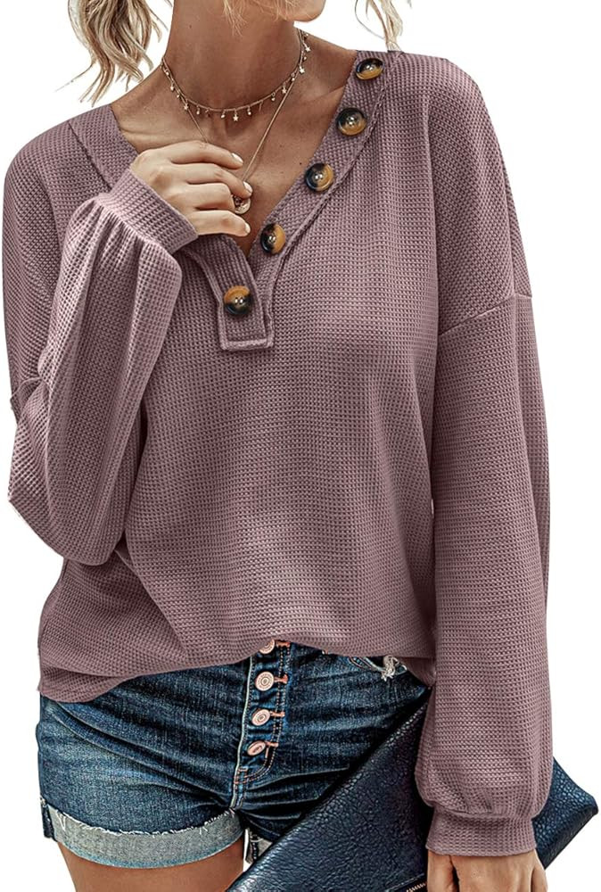 BTFBM Women Waffle Knit Shirts V-Neck Long Sleeve Casual Slouchy Loose Blouses Plain Faux Button ... | Amazon (US)