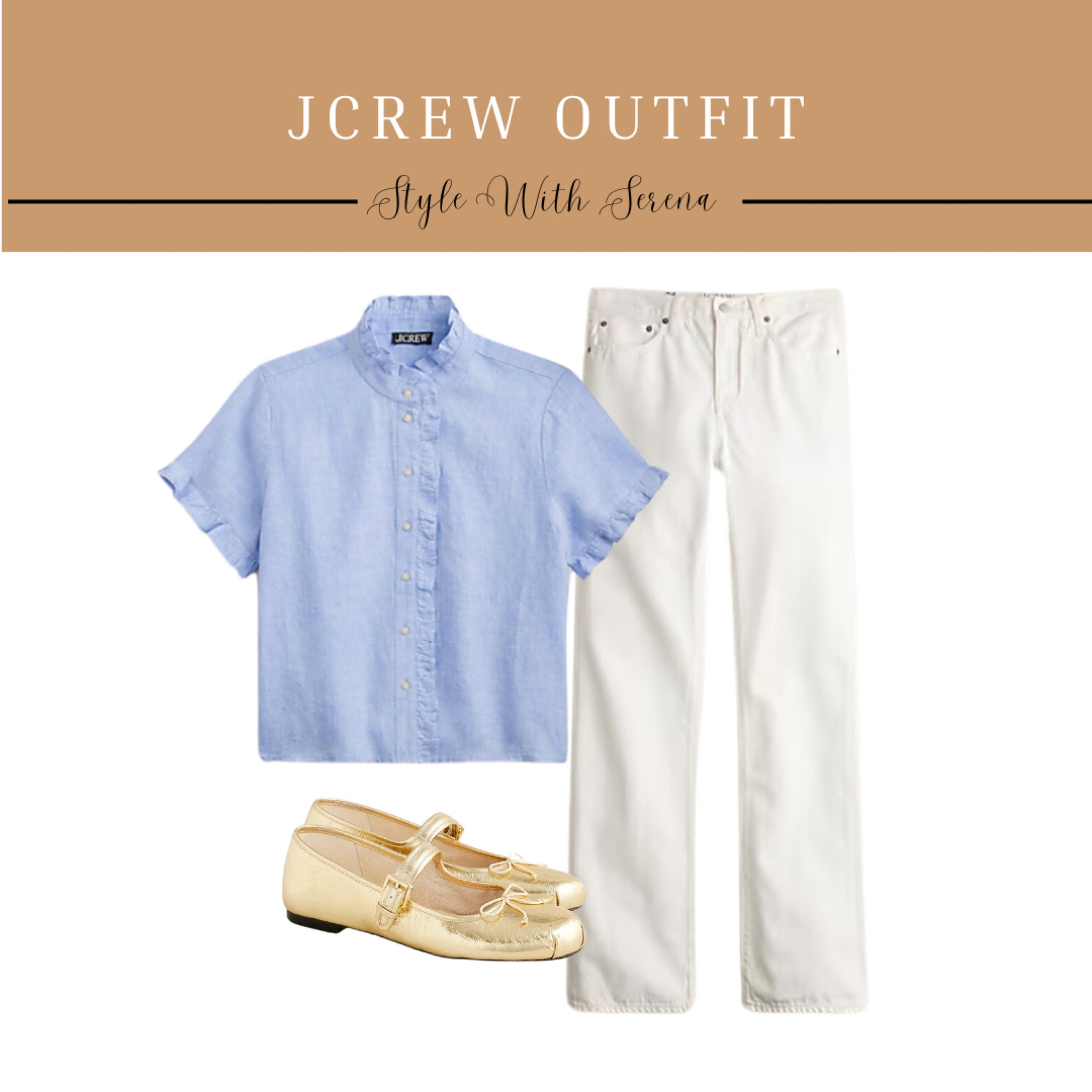 Jcrew outfit, preppy style, white denim, white jeans, ruffle blouse, gold shoes, flats 

#LTKOver40 #LTKShoeCrush #LTKStyleTip