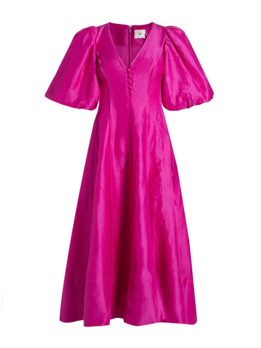 Dusk Linen-Blend Puff-Sleeve Midi-Dress | Saks Fifth Avenue