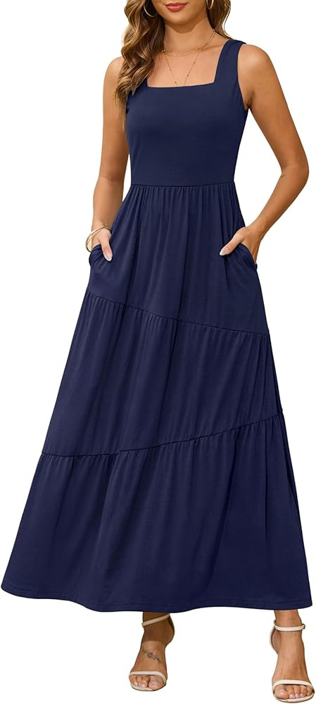 Kranda 2026 Summer Sleeveless Long Beach Sundress Square Neck Tank Top Tiered Maxi Dress with Poc... | Amazon (US)
