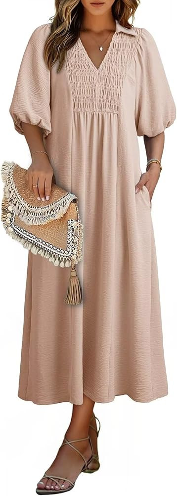 Dokotoo Summer Dresses for Women 2026 Casual Dresses V Neck Puff Sleeve Empire Waist A-Line Maxi ... | Amazon (US)