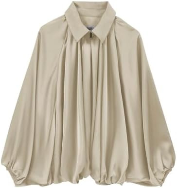 Womens Satin Puffed Bomber Jacket Oversized Batwing Sleeve Lapel Collar Pleated Zip Up Outerwear ... | Amazon (US)