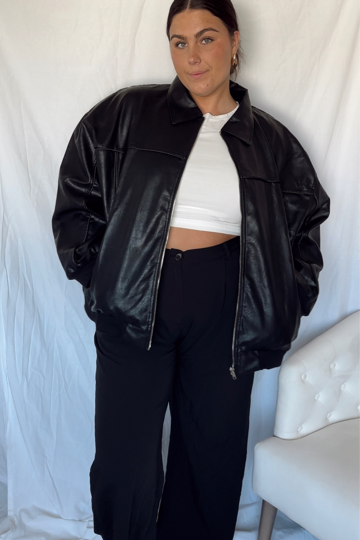 Leather jacket size 16
Top 16
Pants 16
Use code KAYLEE for $$ off at princess Polly 

#LTKmidsize #LTKcurves #LTKstyletip