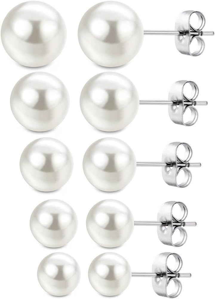 Jewelrieshop Faux Pearl Stud Earrings 5 Pairs, Stainless Steel Hypoallergenic Starter Set for Wom... | Amazon (US)