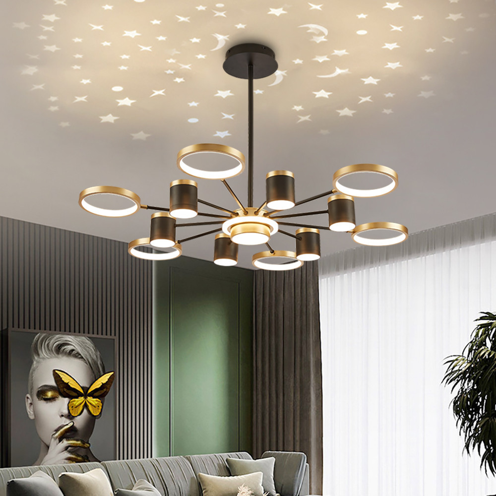 Nordic 12-Light Black & Gold Chandelier LED Ring Starry Reflection Light Dimmable | Homary