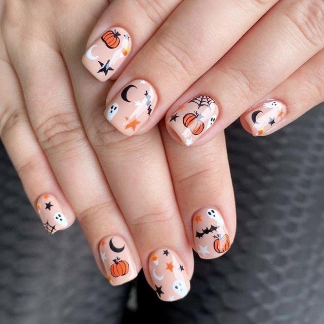 HNAPA Halloween Press on Nails Short Square Fake Nails Cute Ghost Stick on Nails False Nails with... | Walmart (US)