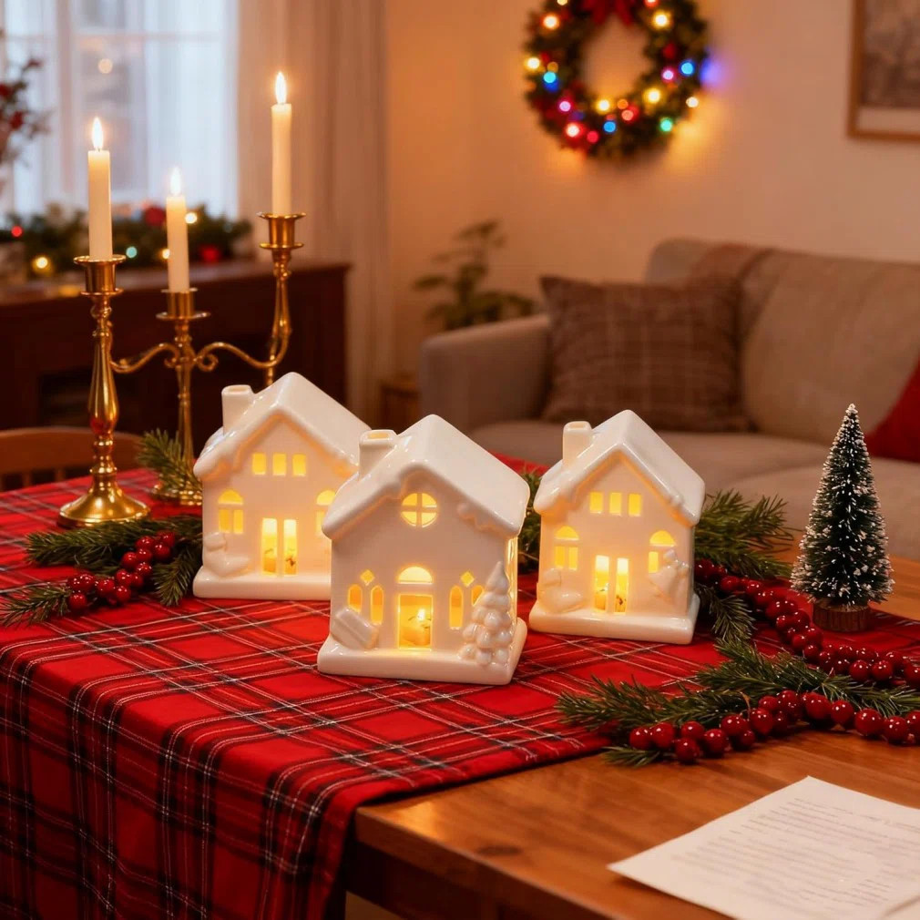 Ceramic Christmas Village Houses, 3Pcs LED Lighted Porcelain White Small House Tabletop Figurines... | Wayfair North America