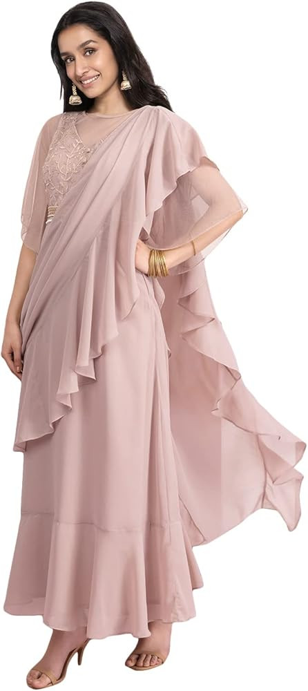 Indya Women's Indian Ethnic Blush Saree Pre Draped Embroidered Yoke | Amazon (US)