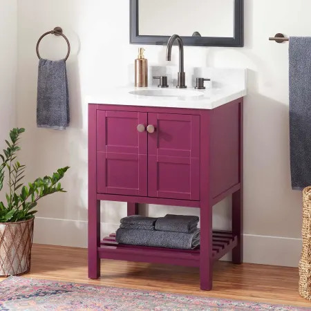 Signature Hardware Everett 24" Single Vanity Set with Wood Cabinet, Marble Vanity Top, and Oval U... | Build.com, Inc.