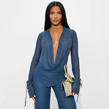 Amazon.com: YOUFE Women's Sexy 2 Piece Outfits Mesh See Through Deep V Neck Top and Long Pants Se... | Amazon (US)