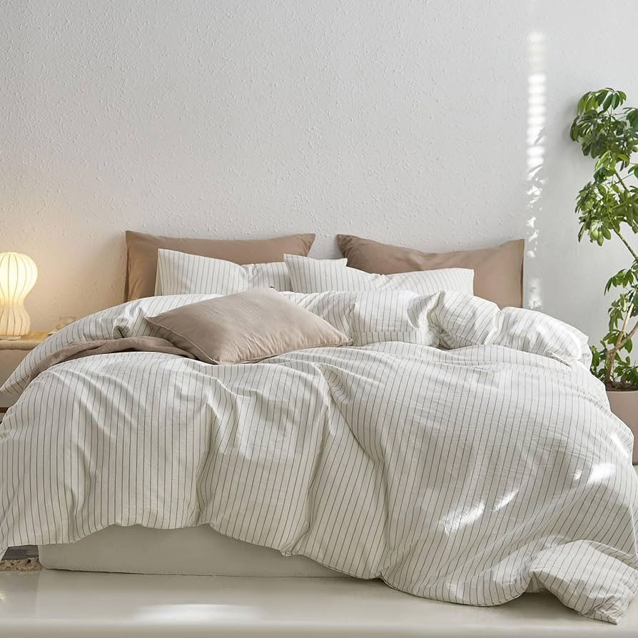 MooMee Striped Duvet Cover Set 100% Washed Cotton Linen Like Textured Breathable Durable Soft Com... | Amazon (US)