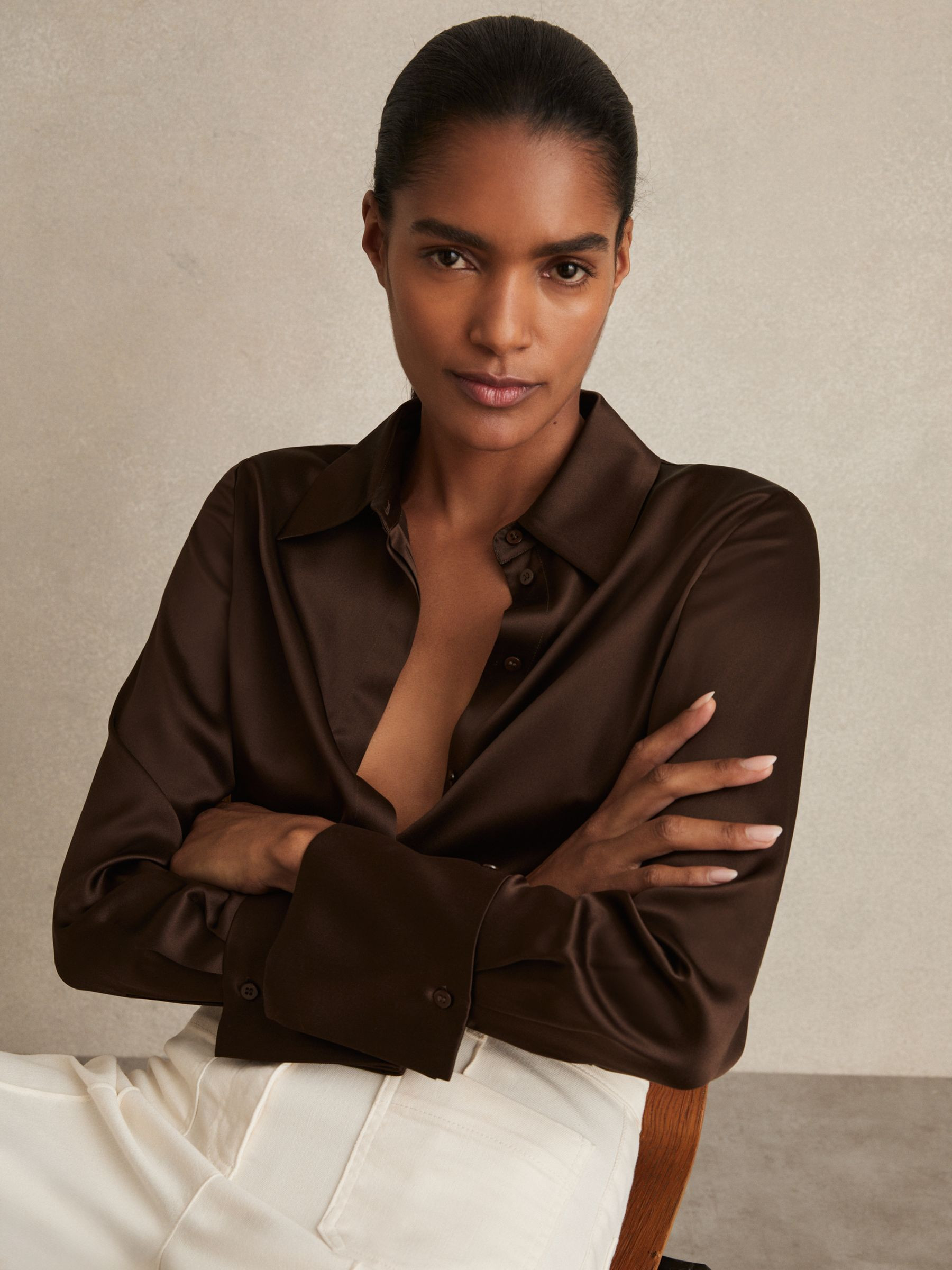 Silk Double-Cuff Button-Through Shirt in Chocolate | Reiss UK