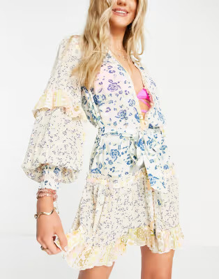 River Island mixed floral beach smock mini dress in white | ASOS (Global)
