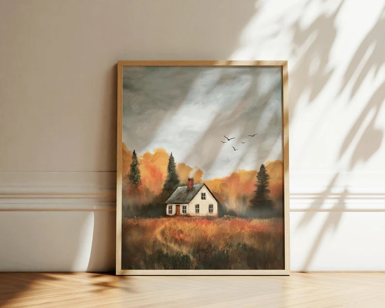 Cozy Autumn Cottage Print: Vintage Fall Trees Oil Painting Wall Art - Etsy | Etsy (US)