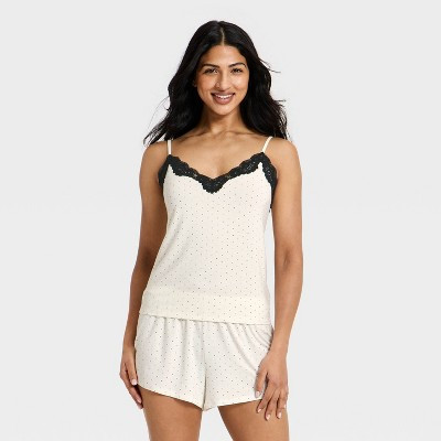Women's Lace Trim Cloud Knit Tank Top and Shorts Pajama Set - Auden™ Ivory M | Target