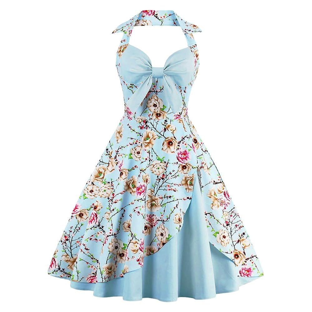 Women's Vintage Dress Ladies Cotton Sexy Retro 1950s Halterneck Rockabilly Swing Floral Print Tea... | Amazon (UK)