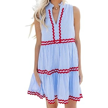 Kuraki Women's Cute Sleeveless RIC Rac Trim Tiered Striped Dress | Amazon (US)