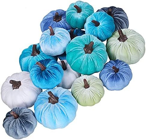 Set of 16 Faux Assorted Velvet Pumpkins Decorative Teal Blue Green Gray Ivory Fabric Pumpkins Foa... | Amazon (US)
