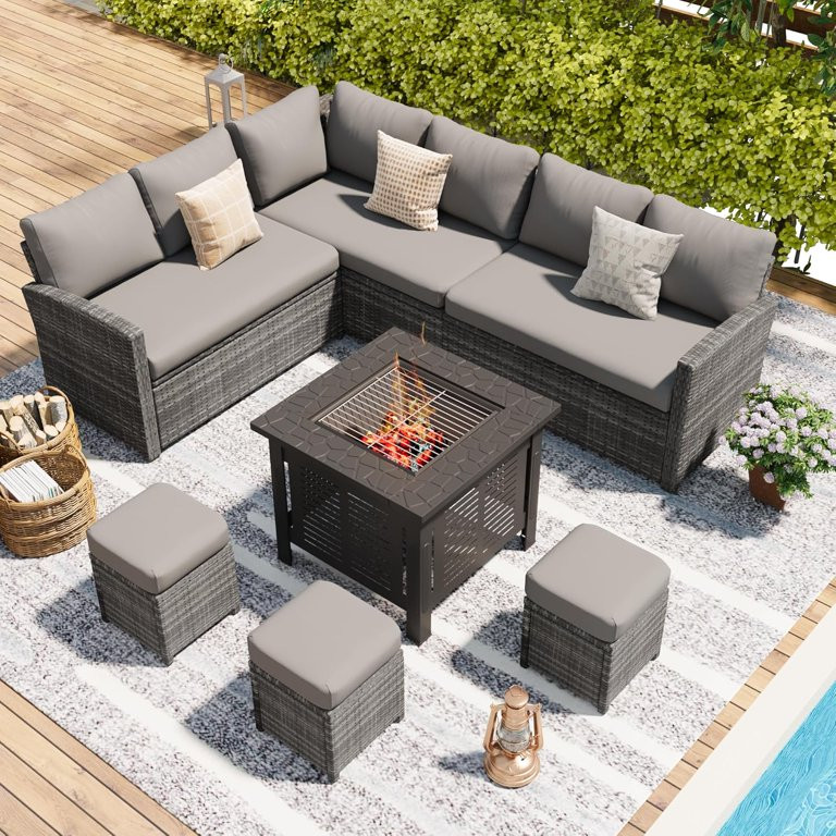 YODOLLA 7-Piece Patio Conversation Set with 30" Fire Pit Table, Outdoor Sectional Sofa, PE Rattan... | Walmart (US)