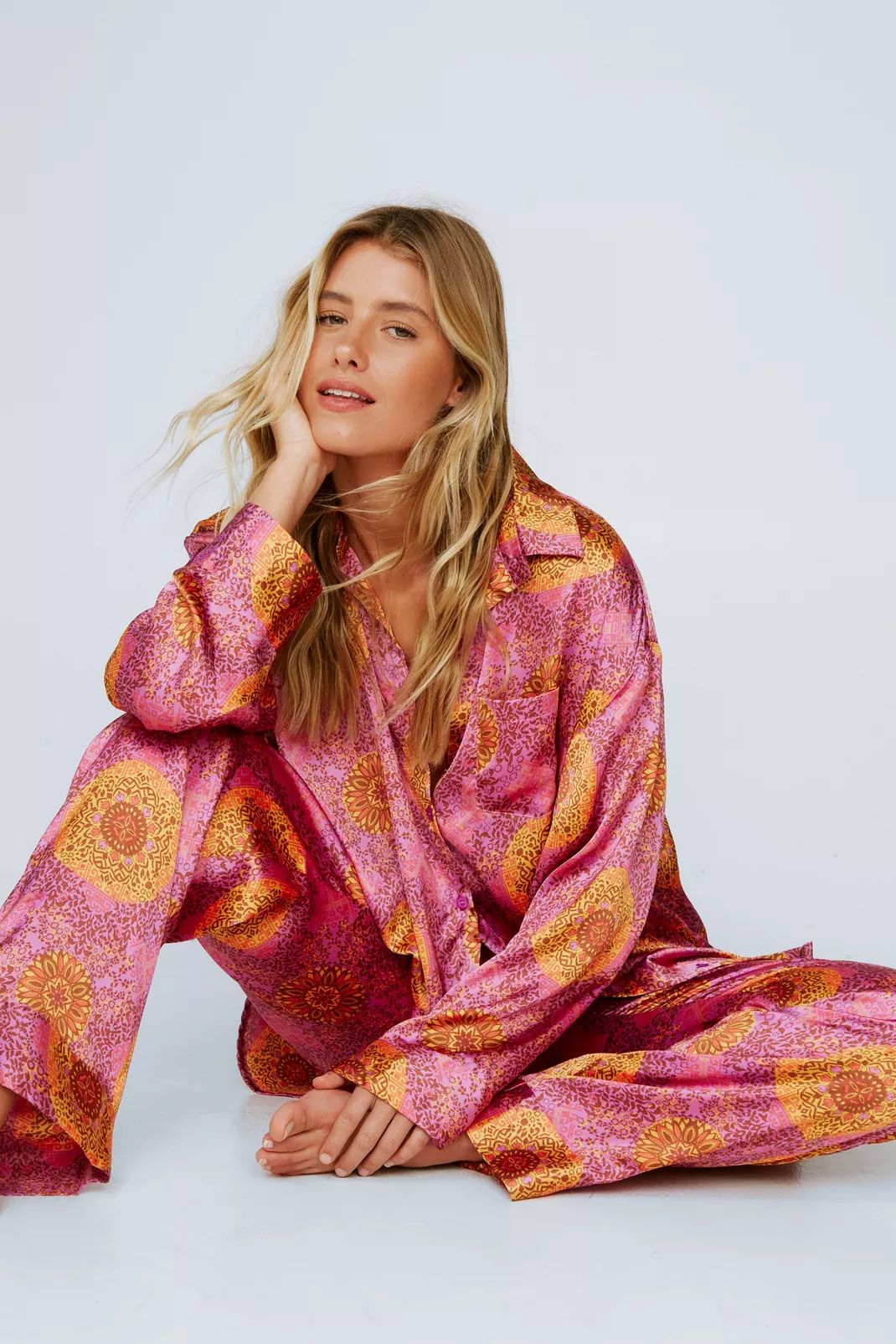 Tile Print Satin Long Pajama Set | Nasty Gal (US)