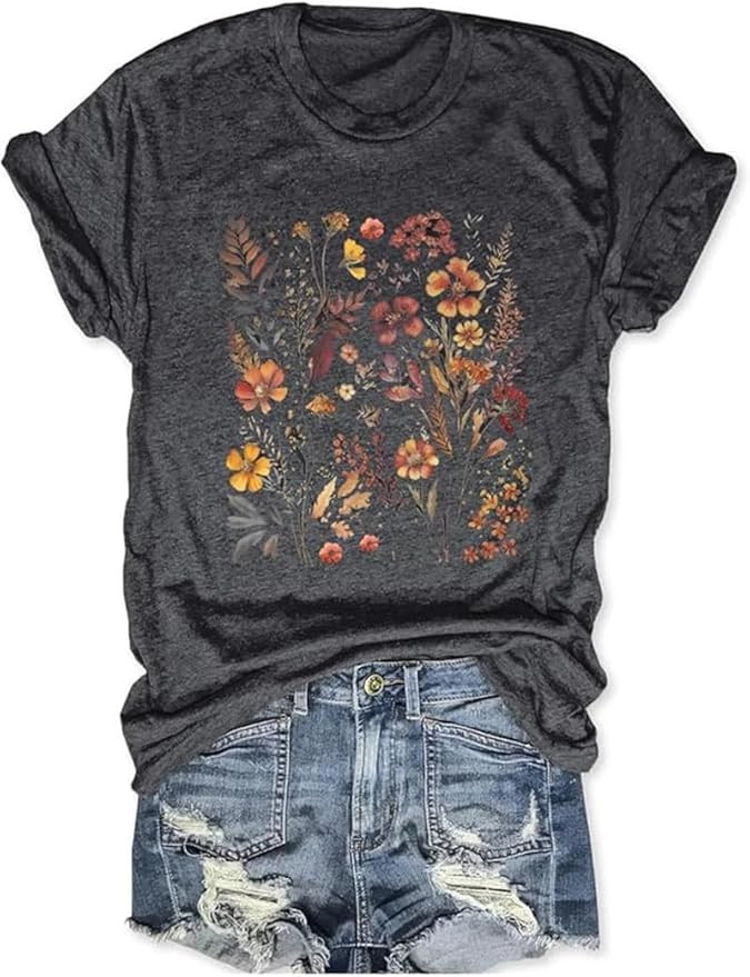 Women's Boho Flower T Shirt Vintage Flowers Printed Shirt Colorful Wildflower Graphic Tee Casual ... | Amazon (US)