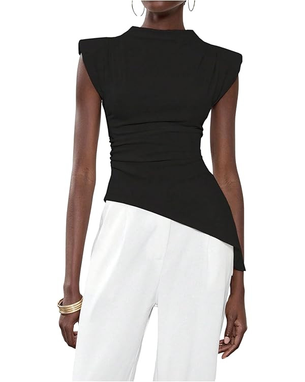 SweatyRocks Women's Asymmetrical Hem Ruched Top Shoulder Pad Fitted Sleeveless Mock Neck Shirts G... | Amazon (US)