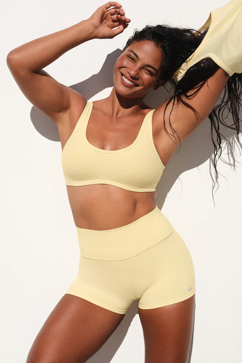 Alo Yoga� | Alosoft Center Stage Bra in Warm Butter Heather Beige, Size: Medium | Alo Yoga