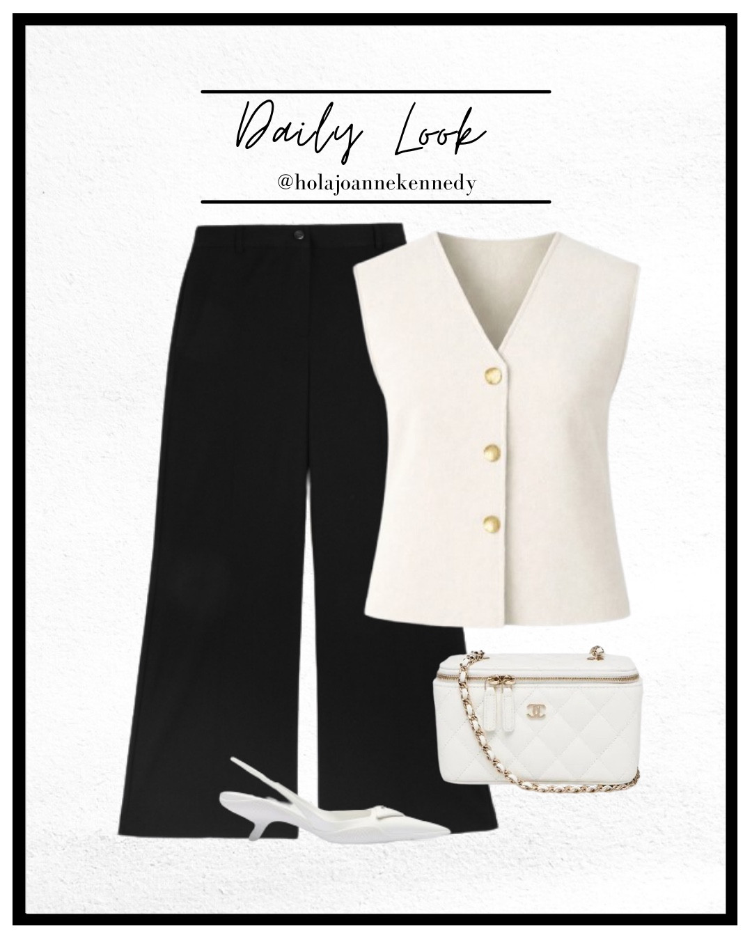 Saint + Sofia Maeva knit waistcoat cream, black tailored trousers outfit, white Prada heels outfit, Chanel vanity bag white, smart casual outfit, neutral outfit ideas, workwear chic, capsule wardrobe staples, elegant everyday style 

#LTKworkwear #LTKstyletip #LTKuk