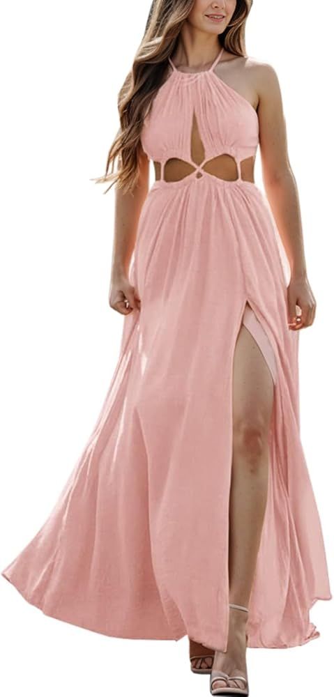 Womens Cutout Halter Tie Maxi Dress Flowy Boho Beach Summer Sexy Midi Dress Side Slit Long Dresse... | Amazon (US)