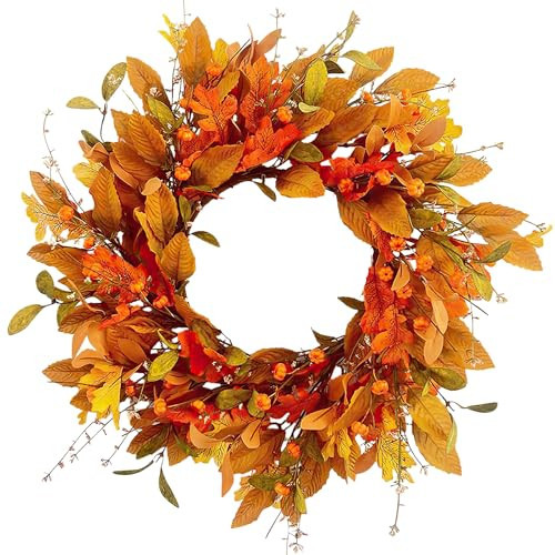 Betylifoy Fall Wreath for Front Door 22 Inch Artificial Autumn Pumpkin Wreaths with Orange Eucalyptus Maple Leaves Thanksgiving Harvest Fall Door Wreath for Indoor Outside Farmhouse Window Wall Decor | Amazon (US)