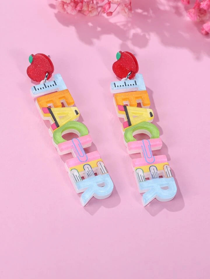 1pair Fresh & Sweet Style Acrylic Apple Shaped Colored Letter Detail Teacher's Day/back To School... | SHEIN