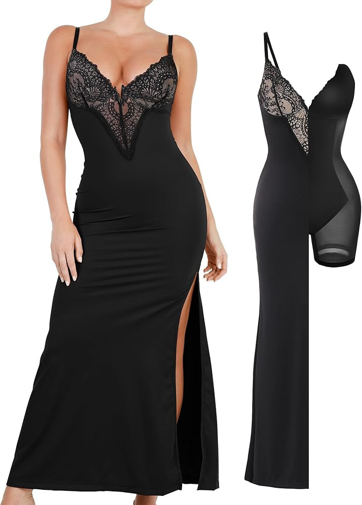 Popilush Shapewear Dress Deep-V Neck Lace Satin Drape Slip Split Bodycon Cocktail Maxi Dresses fo... | Amazon (US)