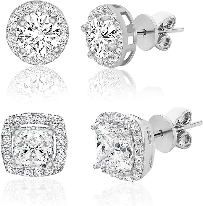 Lesa Michele 925 Sterling Silver Cushion & Round Shaped Cubic Zirconia Halo Stud Earrings for Wom... | Amazon (US)