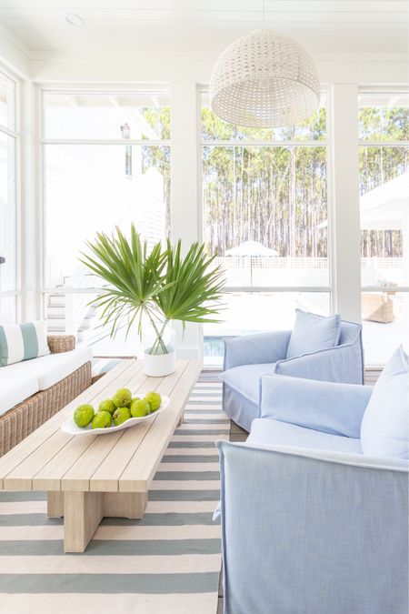  *Many of these items are currently on sale* A look at our outdoor living room in our screened in porch! We absolutely love this outdoor sofa, upholstered swivel chairs, wood coffee table, rope chandelier, striped outdoor rug and coastal accents! See our full new home tour here: https://lifeonvirginiastreet.com/a-peek-at-our-new-florida-home/.
.
#ltkhome #ltkseasonal #ltkstyletip #ltkfindsunder50 #ltkfindsunder100 #ltksalealert #ltkfamily outdoor living room, pool furniture, patio furniture, blue and white decor, coastal grandmillennial style

#LTKHome #LTKSeasonal #LTKSaleAlert