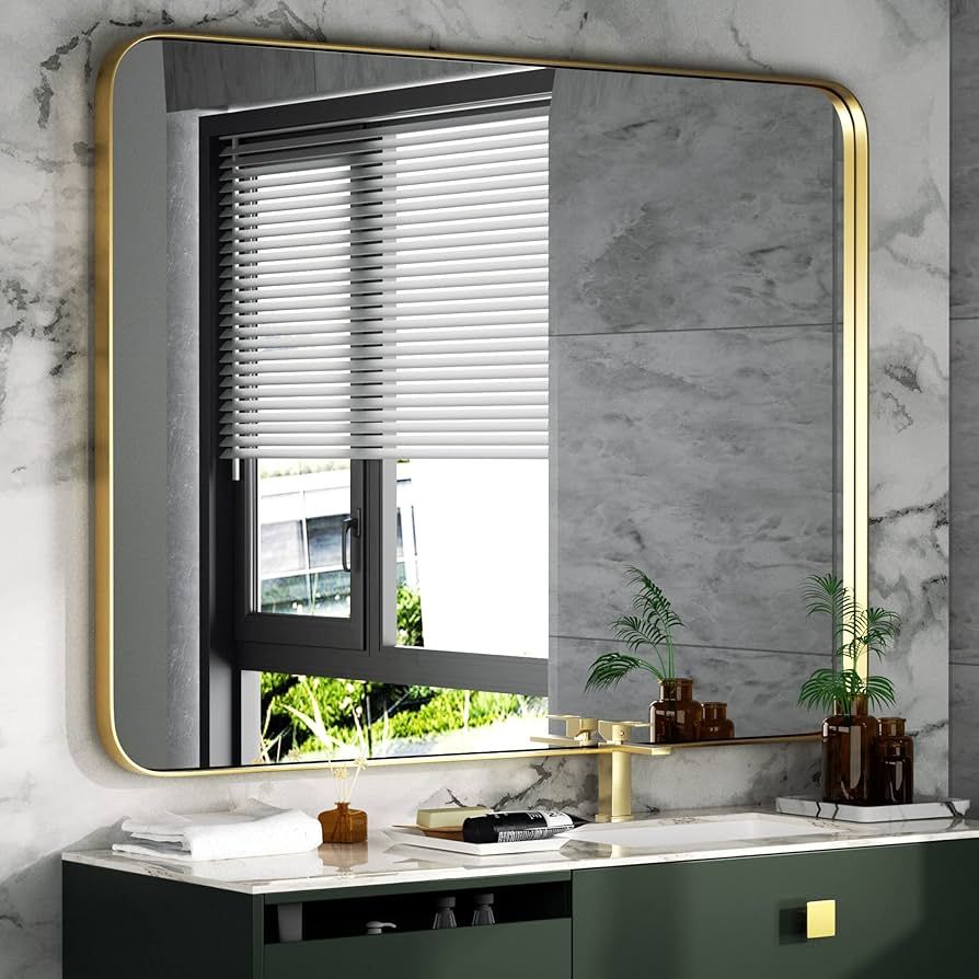 Brushed Gold Wall Mirror, 30x40 Inch Bathroom Mirror Rounded Corner Rectangle Vanity Mirror, Stai... | Amazon (US)