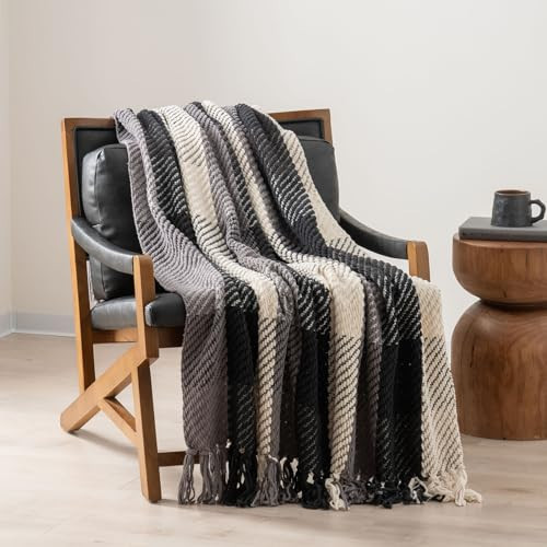 RECYCO Buffalo Plaid Chenille Throw Blanket for Couch, Decorative Farmhouse Woven Knit Blanket Throw for Bed, Super Soft Warm Cozy Check Blanket with Tassels for Chair. Plaid Grey & Black, 60"x80" | Amazon (US)