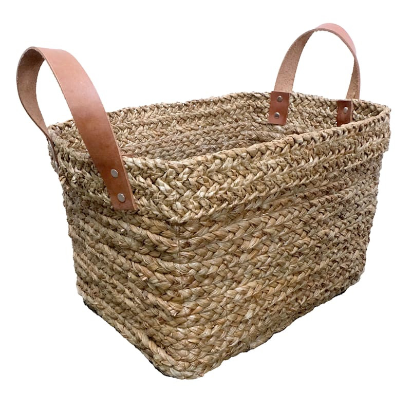 Austin Rectangle Seagrass Storage Basket with Leather Handles, Small | At Home