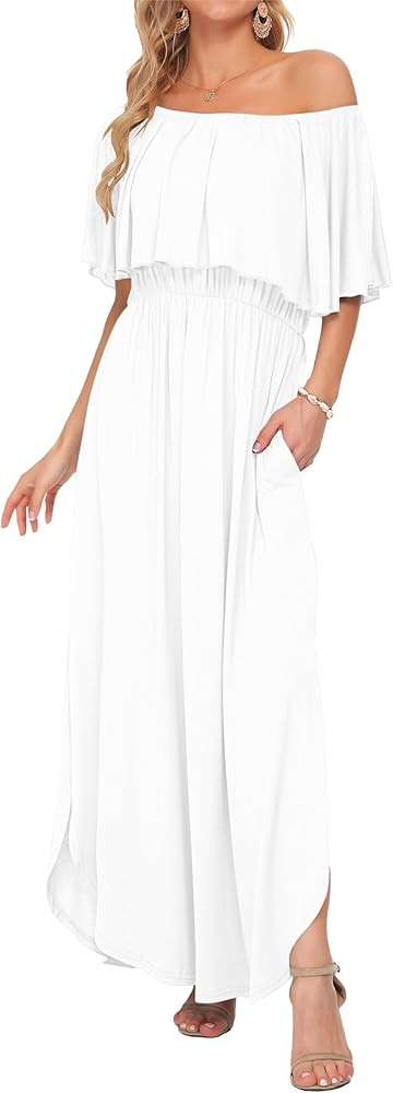 AUSELILY Womens Off The Shoulder Dress Summer Casual Long Ruffle Party Side Split Beach Maxi Dres... | Amazon (US)