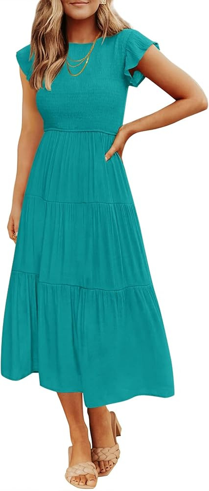 ZESICA Women's 2024 Summer Casual Flutter Short Sleeve Crew Neck Smocked Elastic Waist Tiered Mid... | Amazon (US)