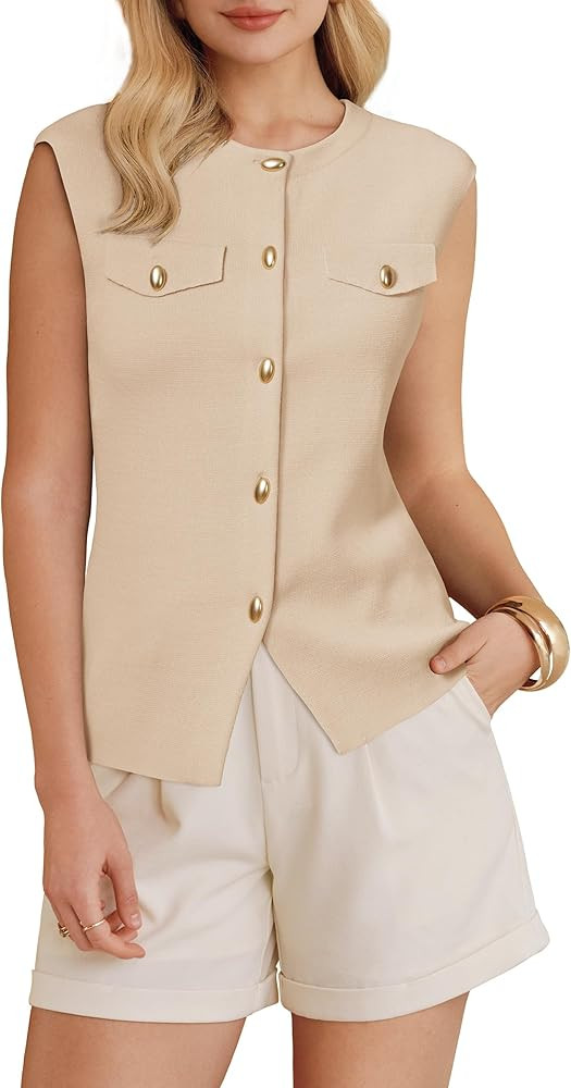 Arach&Cloz Women's Button Down Slit Hem Business Casual Sleeveless Blazers Vest Tops 2026 | Amazon (US)