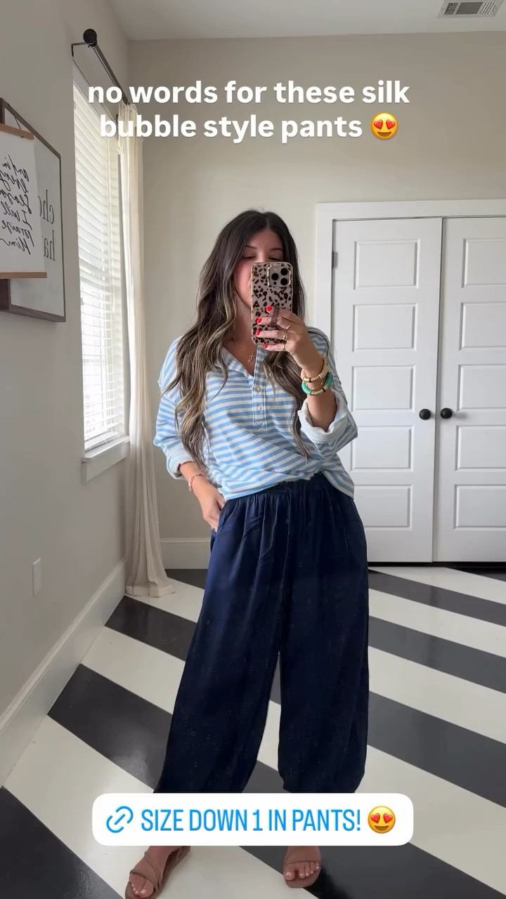 no words for these silk bubble style pants 😍 @Aerie pre fall haul! 
blue barrel pants: xs
green sweatshirt: s
stripe sweater pants: xs
stripe sweater: xs
navy blue satin bubble pants: xxs (size down 1) 
Henley stripe quarter button up sweatshirt: xs
rugby polo: xs
flannel button down: xs (hands down the best flannels ever) 
green athletic shorts: xs 
mock neck sweatshirt: s
leggings: xs (the huggers are the best) 
minnetonka clogs: 6 tts
vans: 6.5
red mary jane sneakers: 6; size up if between 
Code Michelle15 on Mama hats
Code everydaysmitten on @Loopy Cases

#LTKOver40 #LTKSeasonal #LTKWorkwear