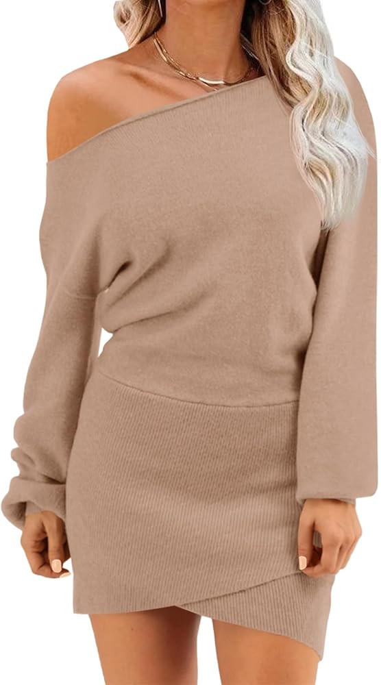 Wenrine Women's Off The Shoulder Sweater Dress 2025 Fall Winter Casual Long Sleeve Knit Slim Fit ... | Amazon (US)