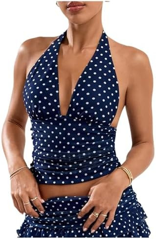 Milumia Women Polka Dots Tie Backless Mesh Halter Crop Top Deep V Neck Ruched Party Club Tank Top... | Amazon (US)