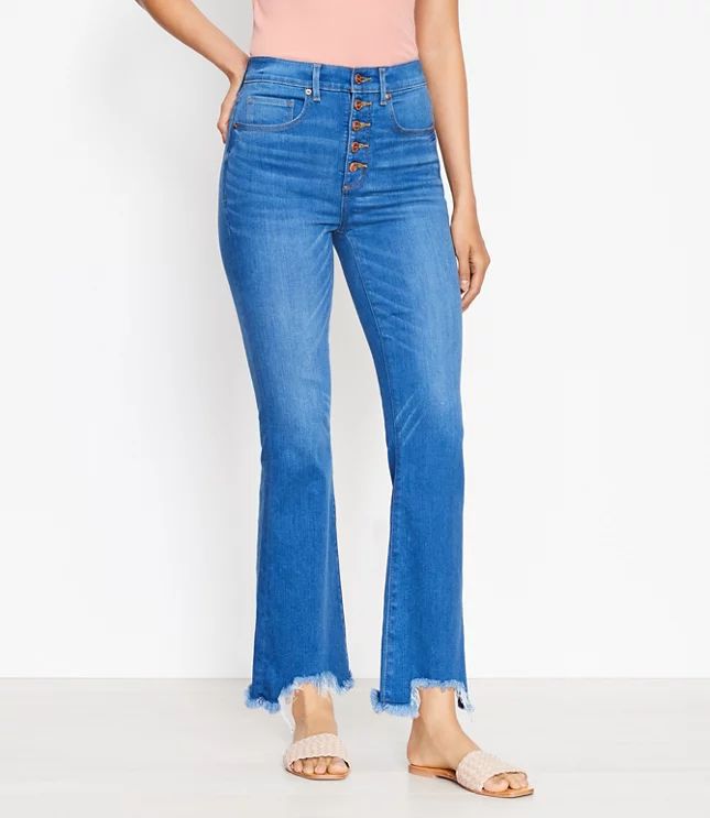 Chewed Hem Button Front High Rise Kick Crop Jeans in Classic Indigo Wash | LOFT