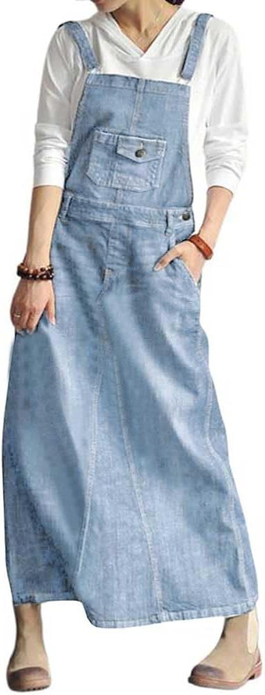 chouyatou Women's Vintage Adjustable Strap Denim Overall Dress Distressed A-Line Pinafore Bib Jea... | Amazon (US)